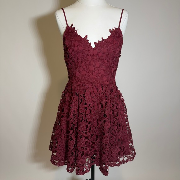 Windsor Dresses & Skirts - Windsor Burgundy Crochet Lace Skater Mini Dress Small Vamp Whimsigoth Fit Flare